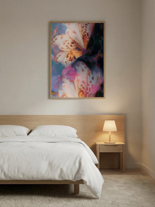 A framed print above a bed in a calm bedroom