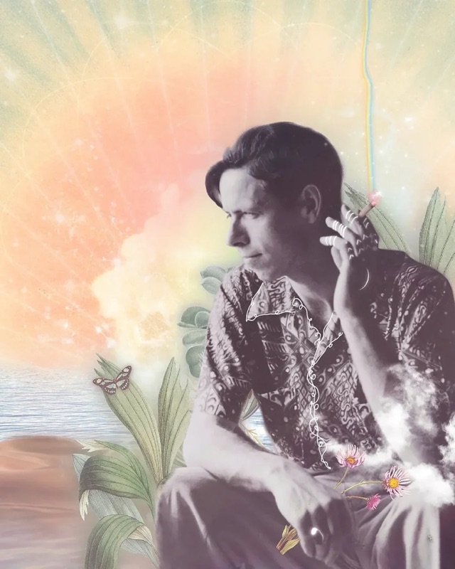 Illustrated portrait of Alan Watts in a soft sunrise landscape